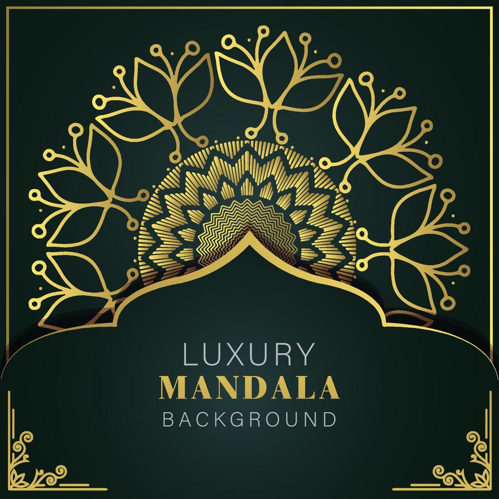 mandala de lujo dorado con fondo negro diseño elegante para invitación de aniversario henna vector