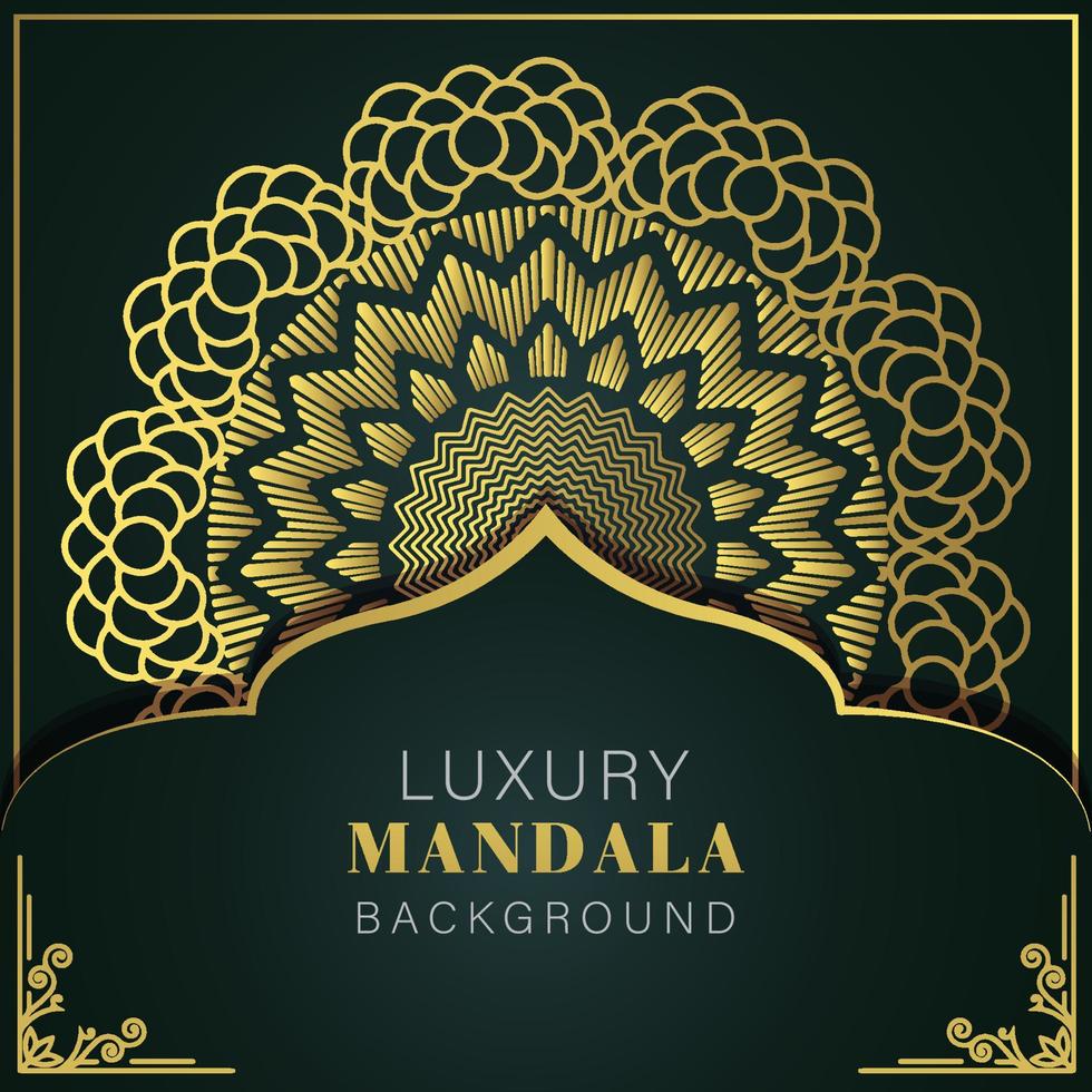 mandala de lujo dorado con fondo negro diseño elegante para invitación de aniversario henna vector