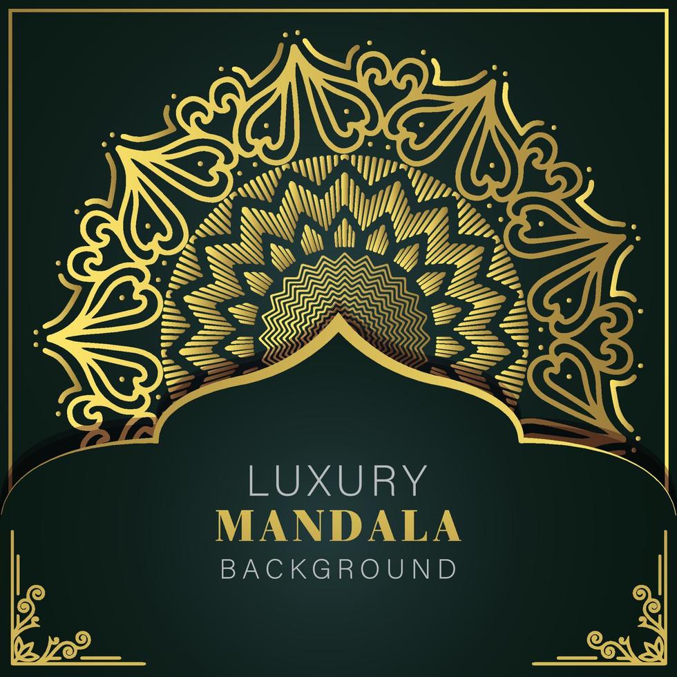 mandala de lujo dorado con fondo negro diseño elegante para invitación de aniversario henna vector