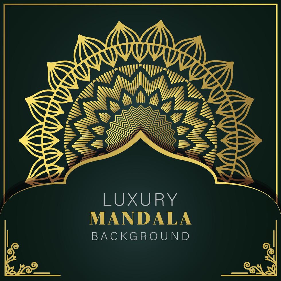 mandala de lujo dorado con fondo negro diseño elegante para invitación de aniversario henna vector