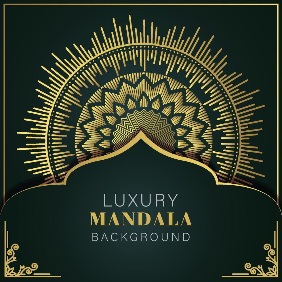 mandala de lujo dorado con fondo negro diseño elegante para invitación de aniversario henna vector