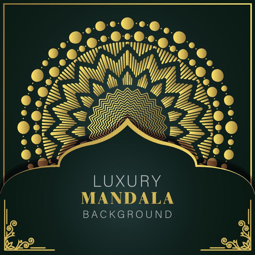 mandala de lujo dorado con fondo negro diseño elegante para invitación de aniversario henna vector