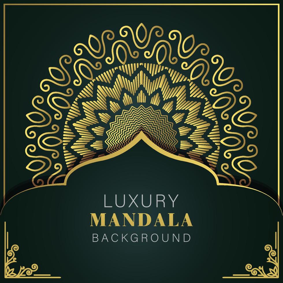 mandala de lujo dorado con fondo negro diseño elegante para invitación de aniversario henna vector