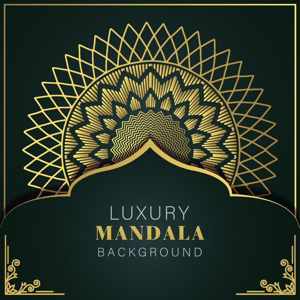 mandala de lujo dorado con fondo negro diseño elegante para invitación de aniversario henna vector