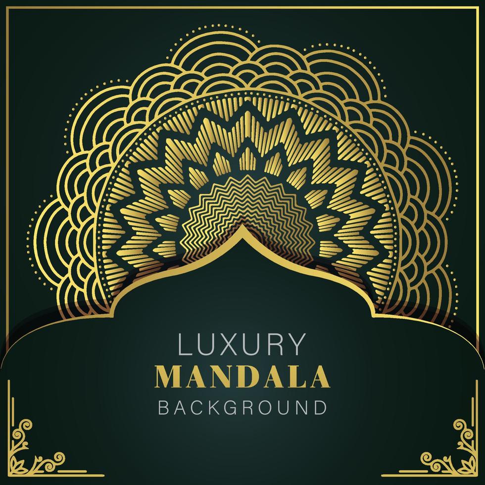 mandala de lujo dorado con fondo negro diseño elegante para invitación de aniversario henna vector