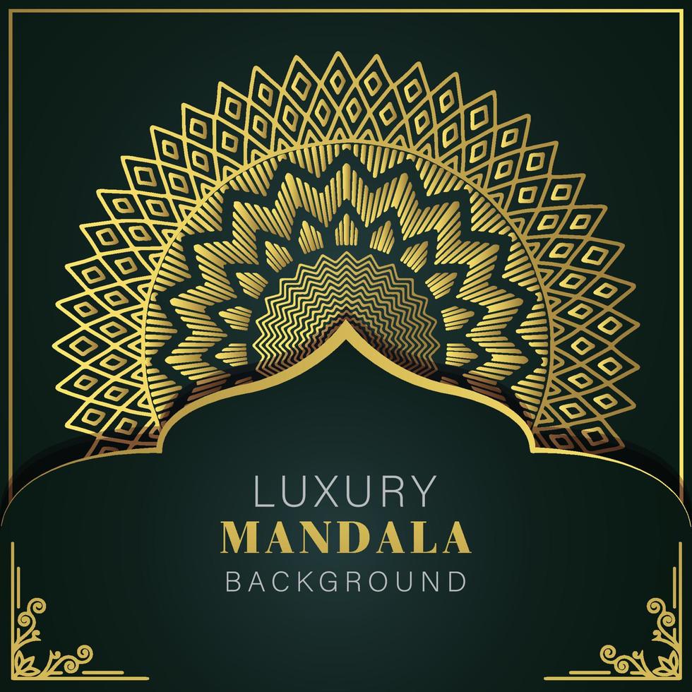 mandala de lujo dorado con fondo negro diseño elegante para invitación de aniversario henna vector