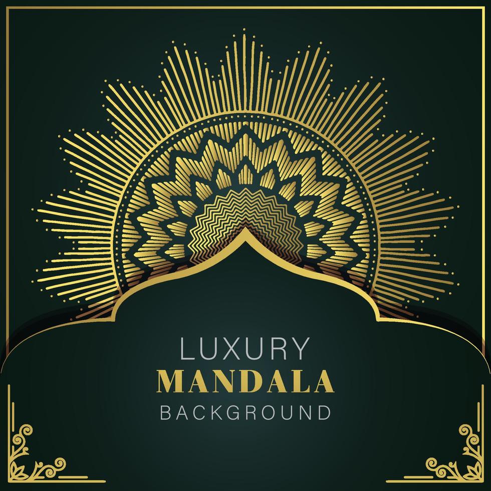 mandala de lujo dorado con fondo negro diseño elegante para invitación de aniversario henna vector