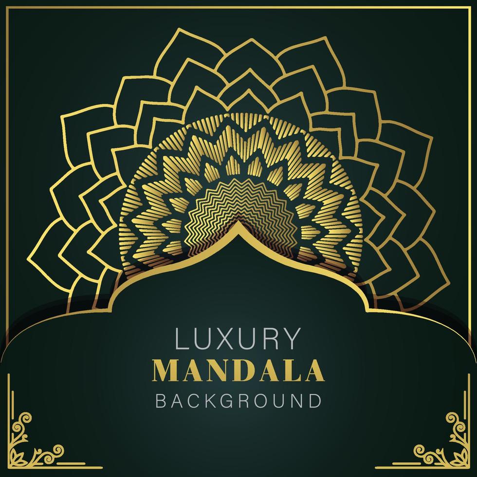 mandala de lujo dorado con fondo negro diseño elegante para invitación de aniversario henna vector