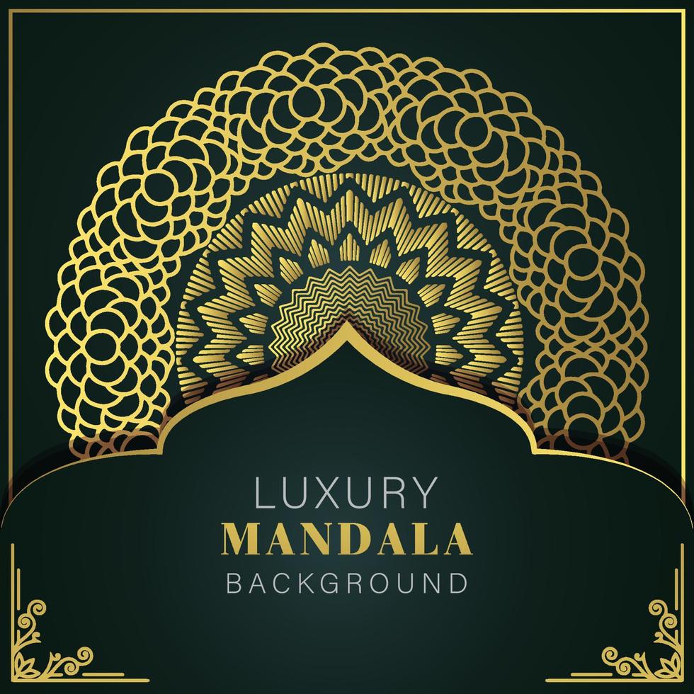 mandala de lujo dorado con fondo negro diseño elegante para invitación de aniversario henna vector