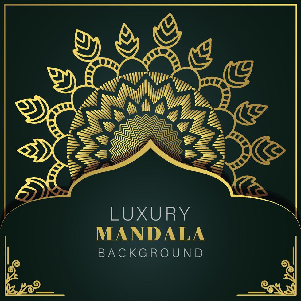 mandala de lujo dorado con fondo negro diseño elegante para invitación de aniversario henna vector