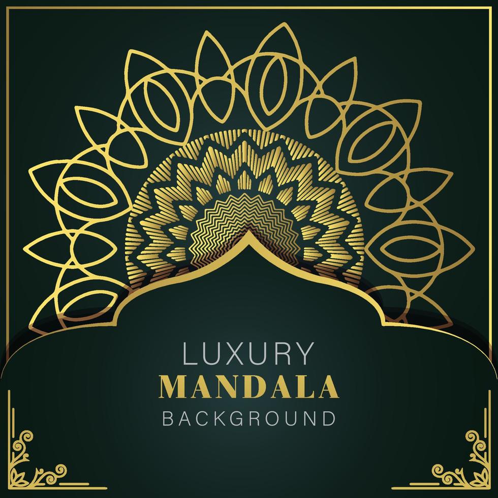 mandala de lujo dorado con fondo negro diseño elegante para invitación de aniversario henna vector