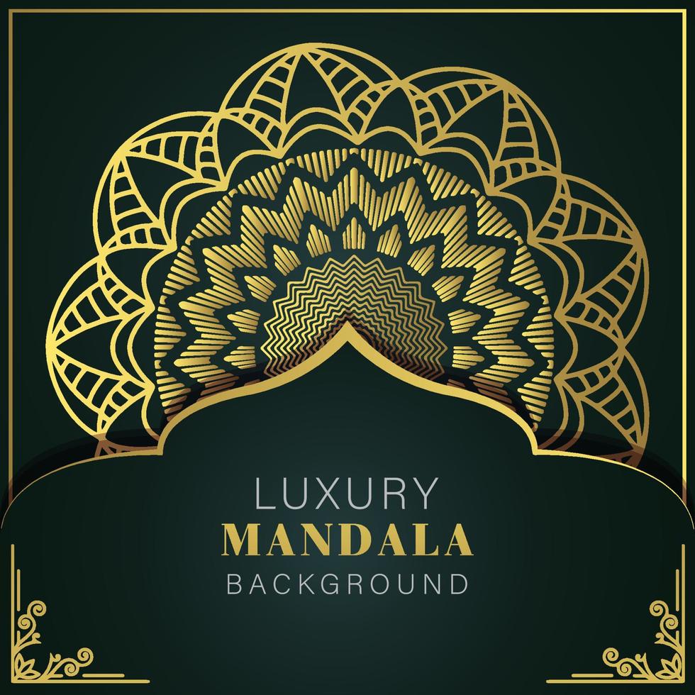 mandala de lujo dorado con fondo negro diseño elegante para invitación de aniversario henna vector