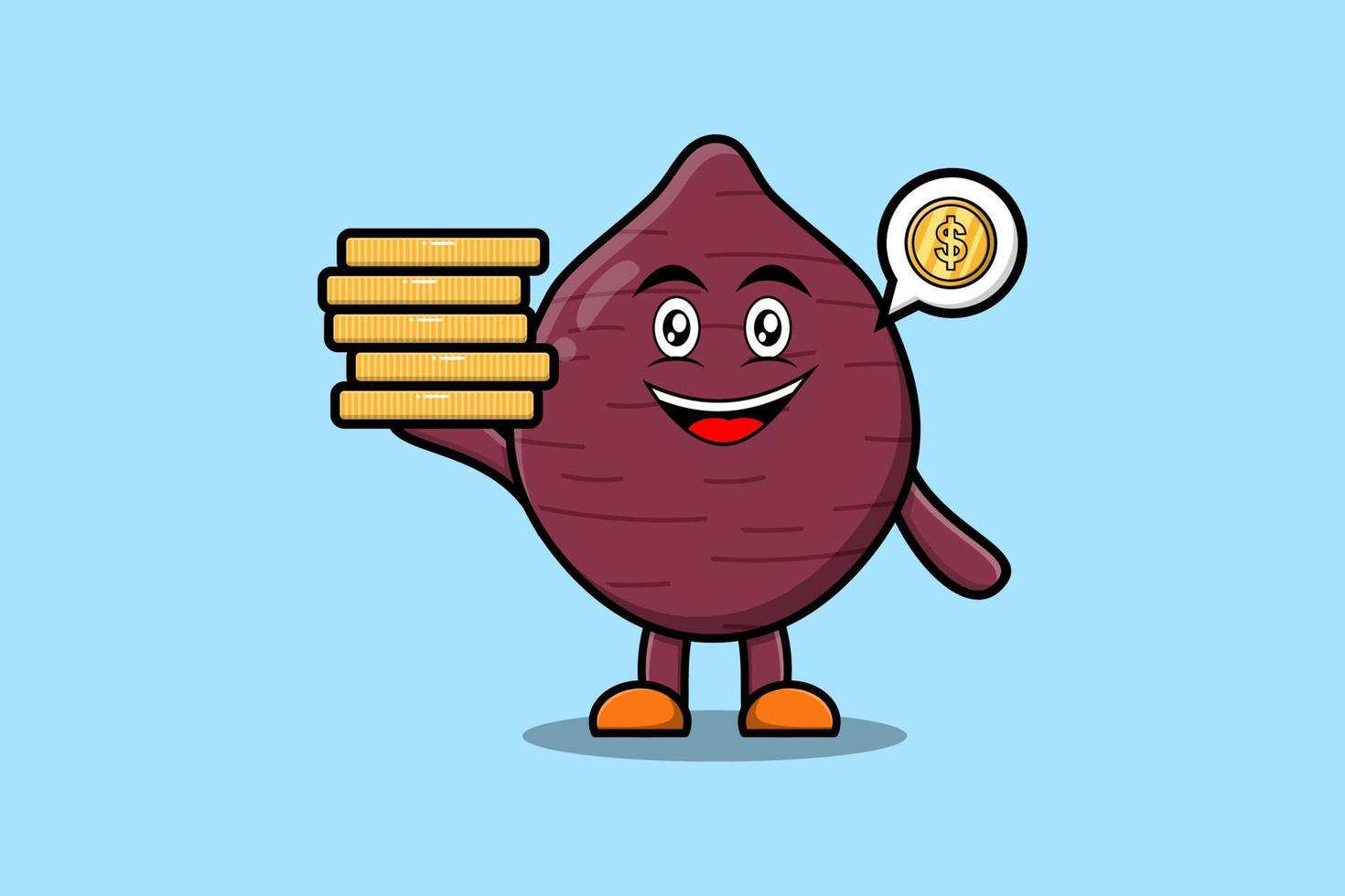 Cartoon Sweet potato holding in stacked gold coin vector