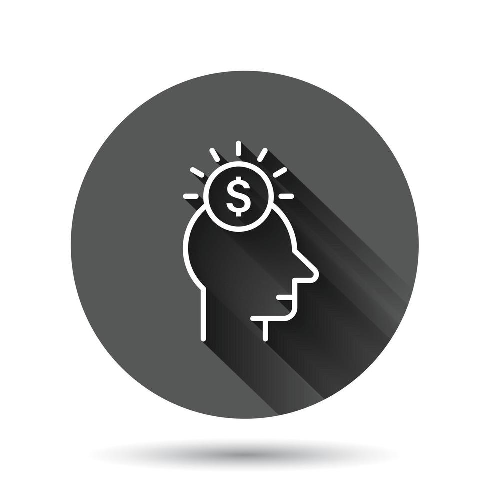 Human head with money icon in flat style. Career progress vector illustration on black round background with long shadow effect. Face and dollar coin circle button business concept.