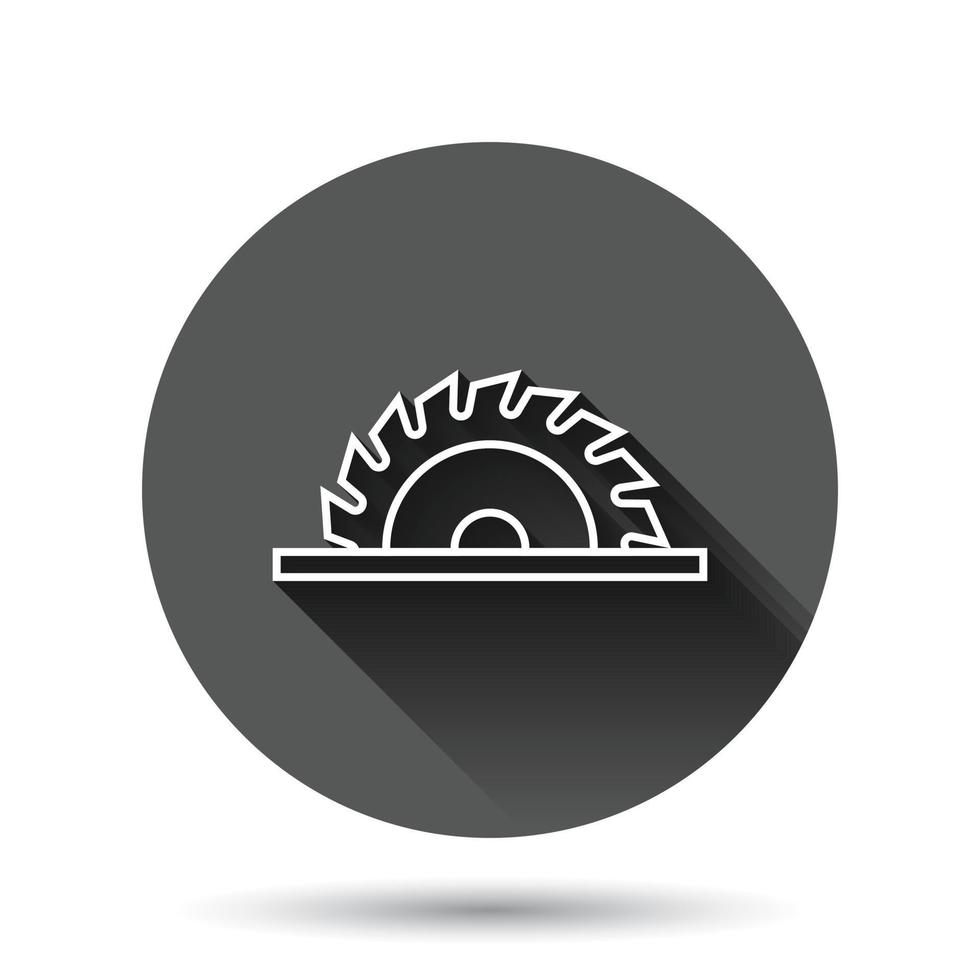 Saw blade icon in flat style. Circular machine vector illustration on black round background with long shadow effect. Rotary disc circle button business concept.