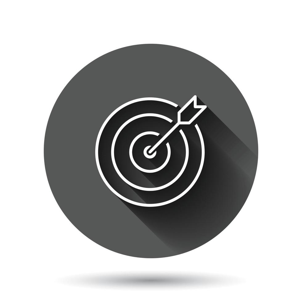 Target icon in flat style. Darts game vector illustration on black round background with long shadow effect. Aim arrow circle button business concept.