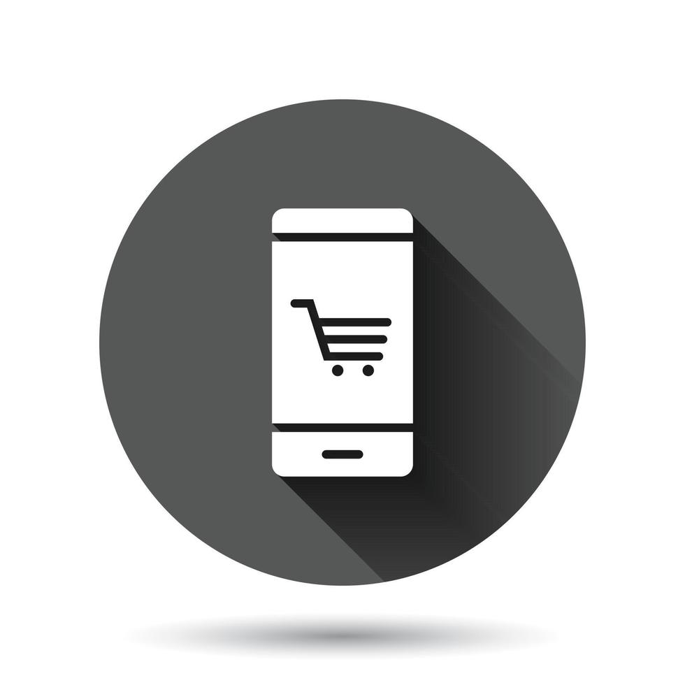 Online shopping icon in flat style. Smartphone store vector illustration on black round background with long shadow effect. Market circle button business concept.