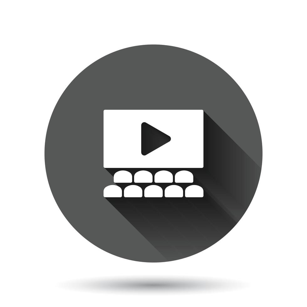 Film icon in flat style. Movie vector illustration on black round background with long shadow effect. Cinema theater circle button business concept.