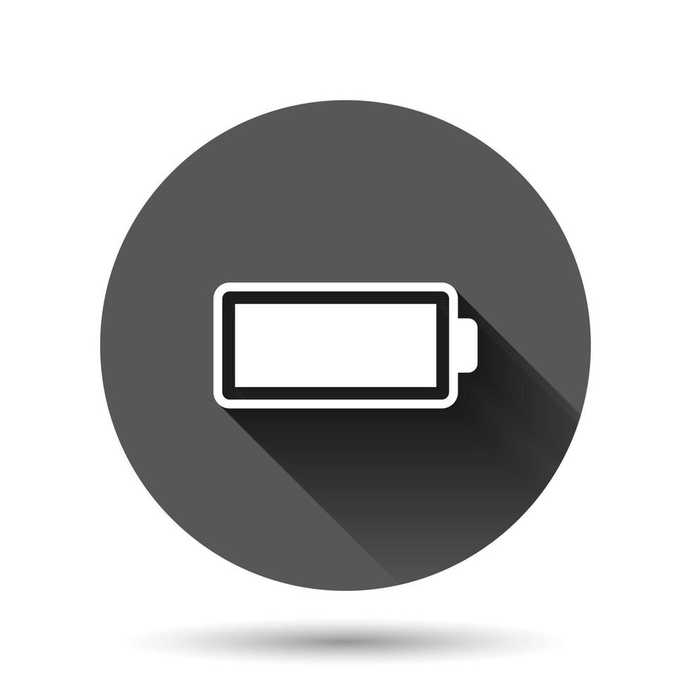 Battery charge icon in flat style. Power level vector illustration on black round background with long shadow effect. Lithium accumulator circle button business concept.