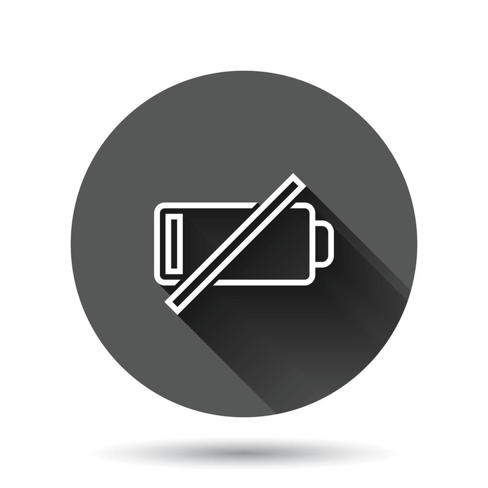 Battery charge icon in flat style. Power level vector illustration on black round background with long shadow effect. Lithium accumulator circle button business concept.