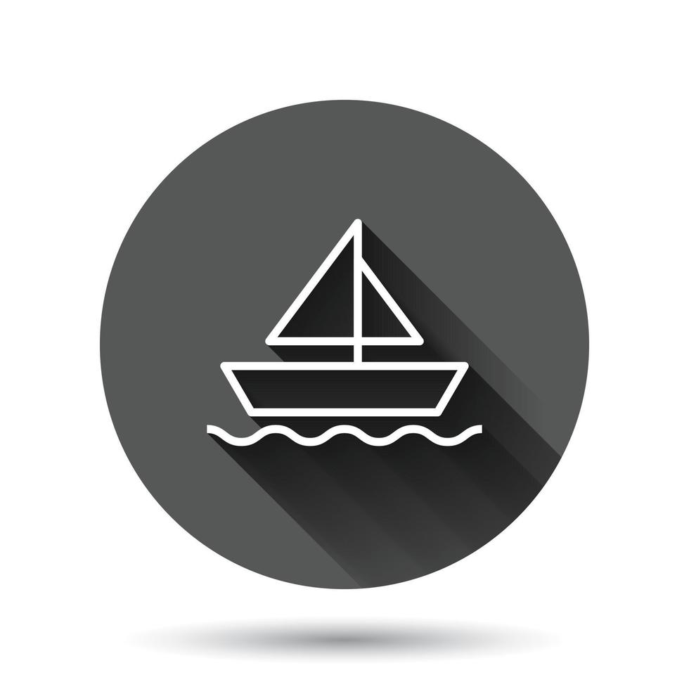 Tourism ship icon in flat style. Fishing boat vector illustration on black round background with long shadow effect. Tanker destination circle button business concept.