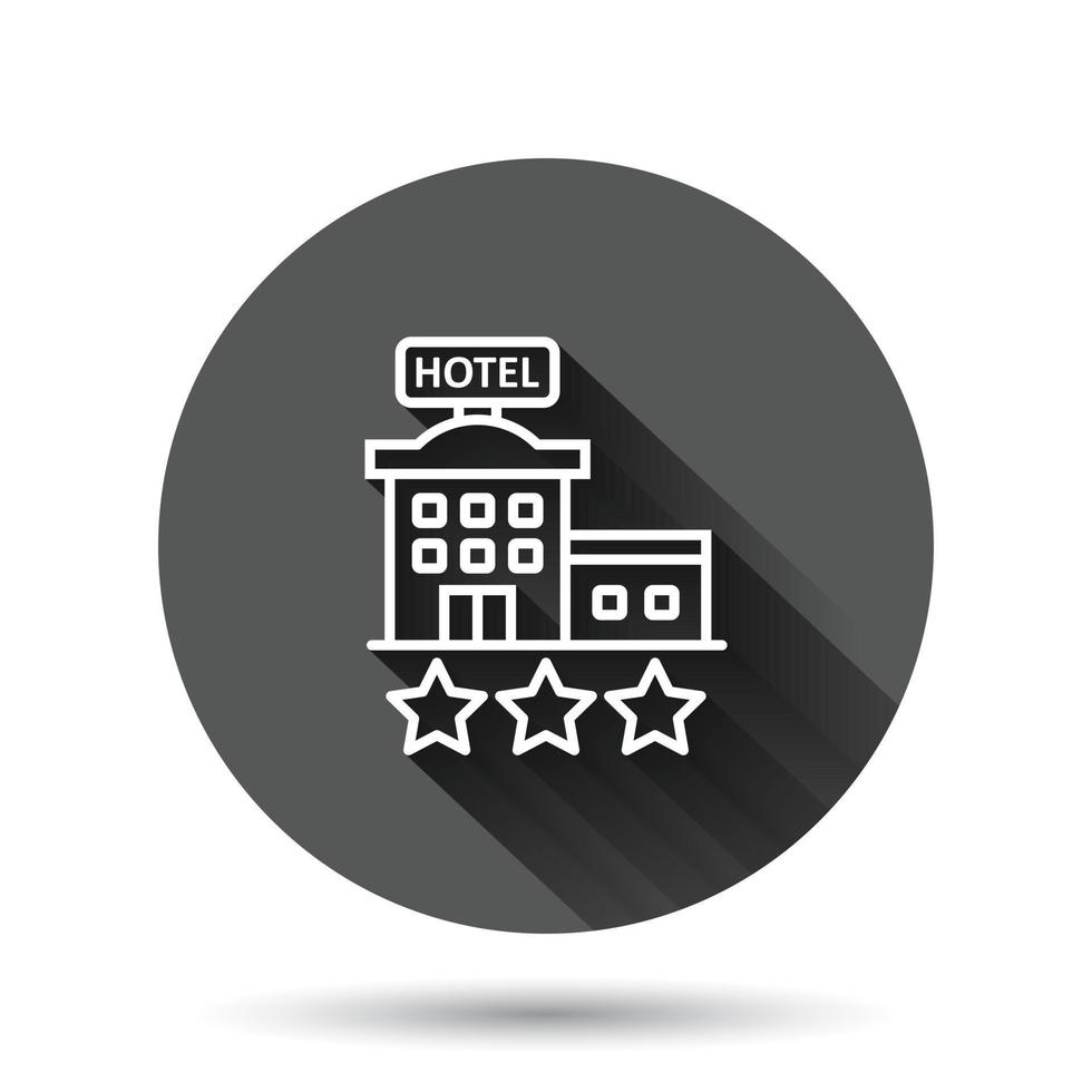 Hotel 3 stars sign icon in flat style. Inn building vector illustration on black round background with long shadow effect. Hostel room circle button business concept.