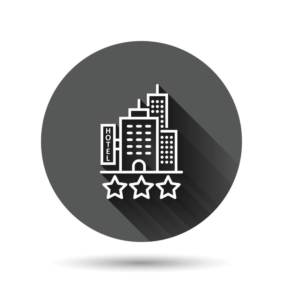 Hotel 3 stars sign icon in flat style. Inn building vector illustration on black round background with long shadow effect. Hostel room circle button business concept.