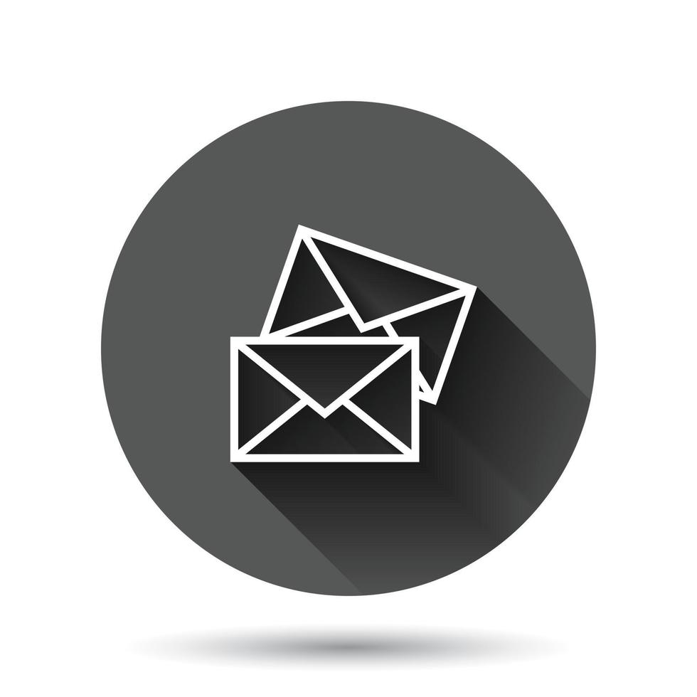 Email message icon in flat style. Mail document vector illustration on black round background with long shadow effect. Message correspondence circle button business concept.