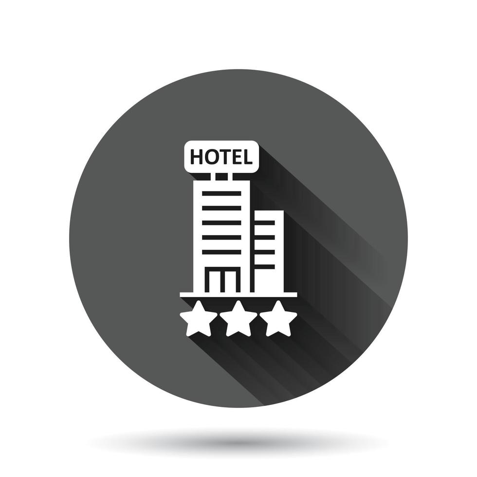 icono de signo de hotel 3 estrellas en estilo plano. posada edificio ilustración vectorial sobre fondo negro redondo con efecto de sombra larga. concepto de negocio de botón de círculo de habitación de albergue. vector