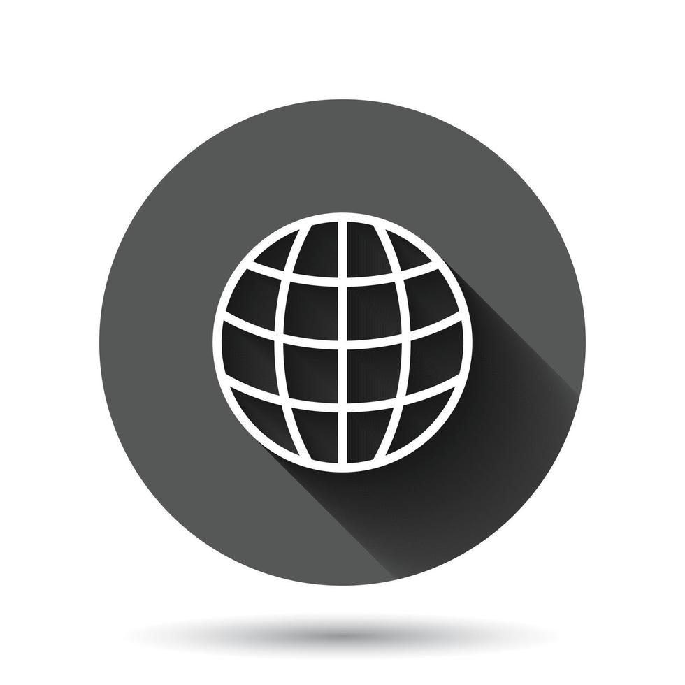 icono del planeta tierra en estilo plano. ilustración vectorial geográfica del globo sobre fondo redondo negro con efecto de sombra larga. concepto de negocio de botón de círculo de comunicación global. vector