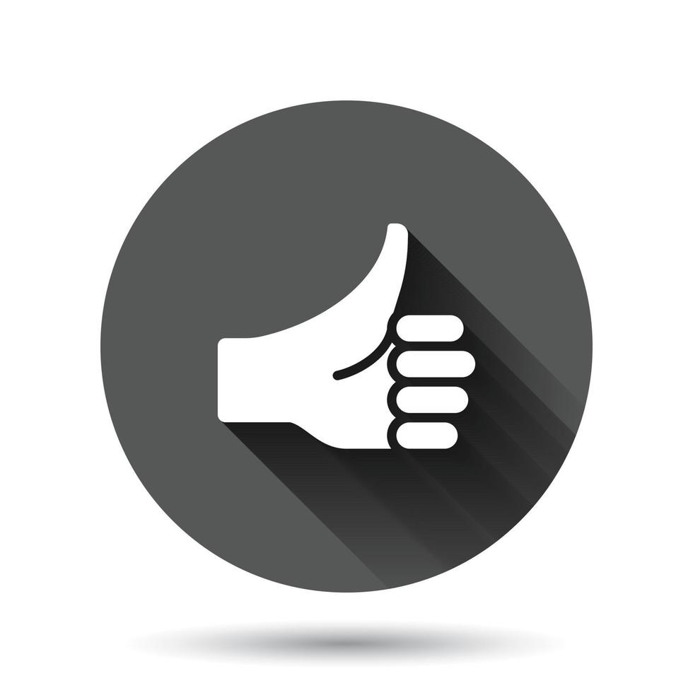 Thumb up icon in flat style. Like gesture vector illustration on black round background with long shadow effect. Approval mark circle button business concept.