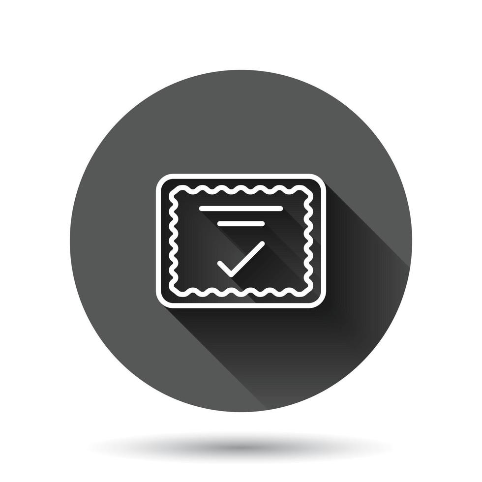 Approve certificate icon in flat style. Document check mark vector illustration on black round background with long shadow effect. Approval choice circle button business concept.