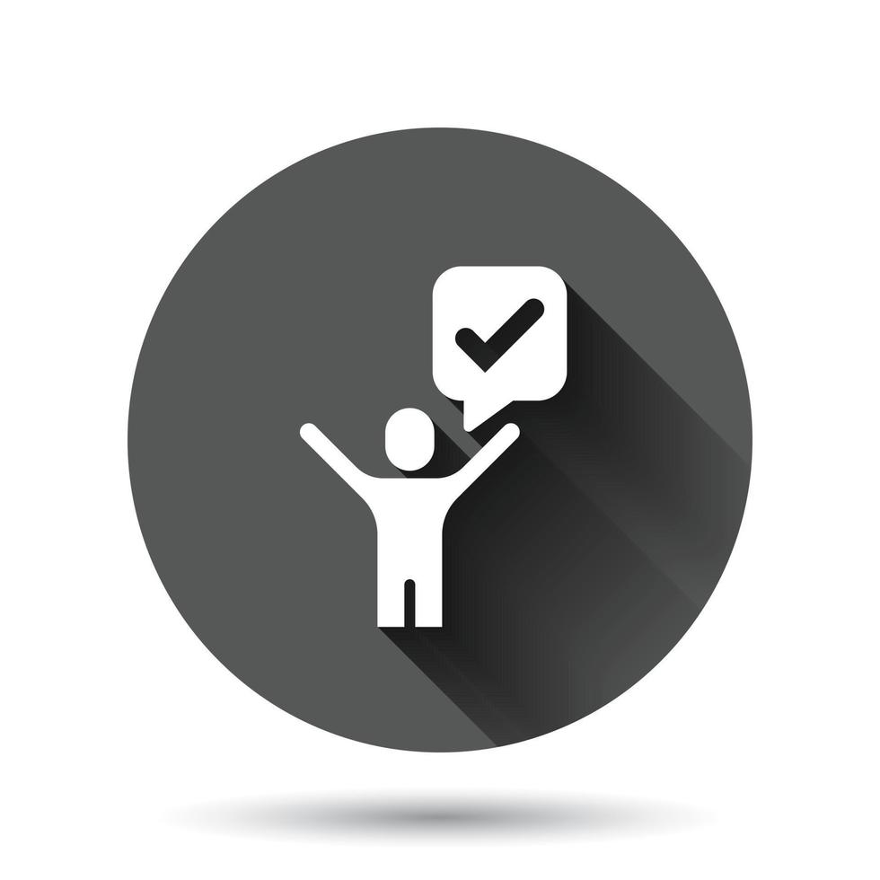 Organization management icon in flat style. People with check mark vector illustration on black round background with long shadow effect. Businessman circle button business concept.