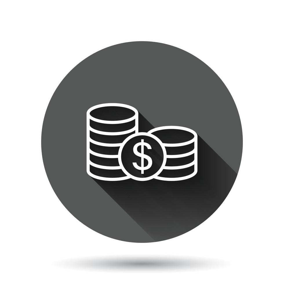 Coins stack icon in flat style. Dollar coin vector illustration on black round background with long shadow effect. Money stacked circle button business concept.
