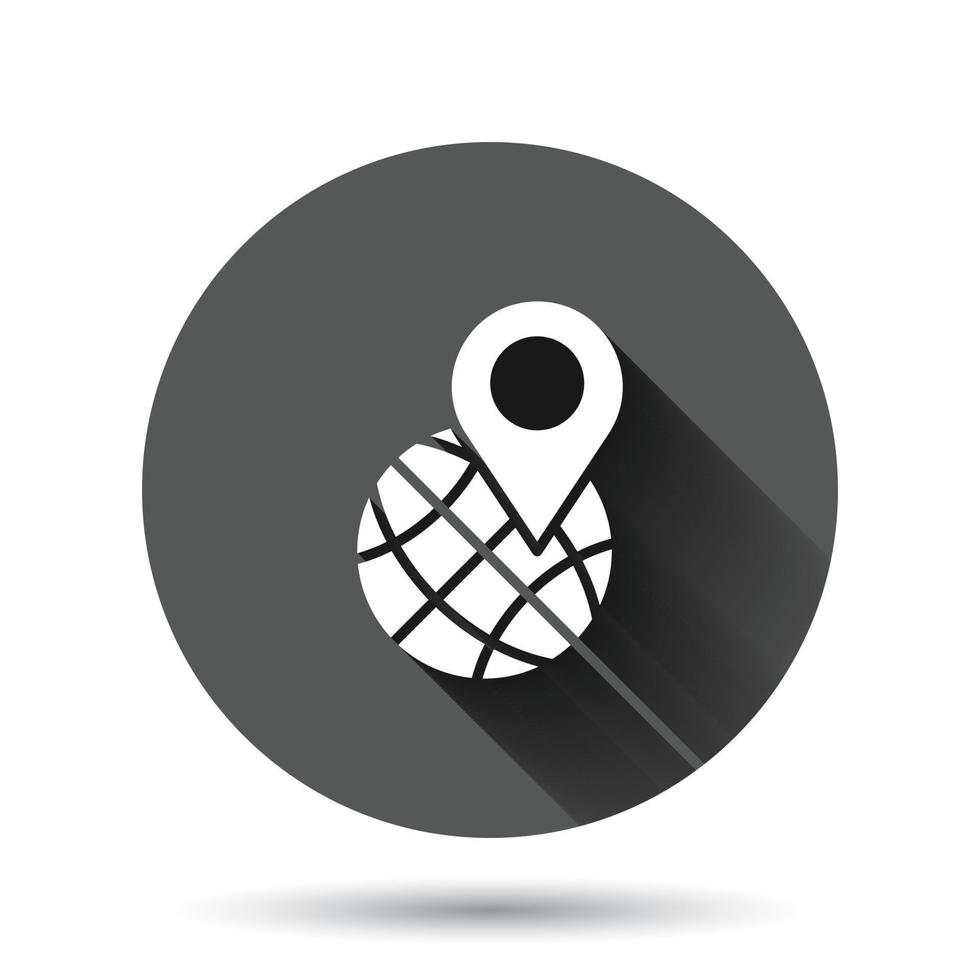 Global navigation icon in flat style. Globe pin gps vector illustration on black round background with long shadow effect. Planet direction circle button business concept.