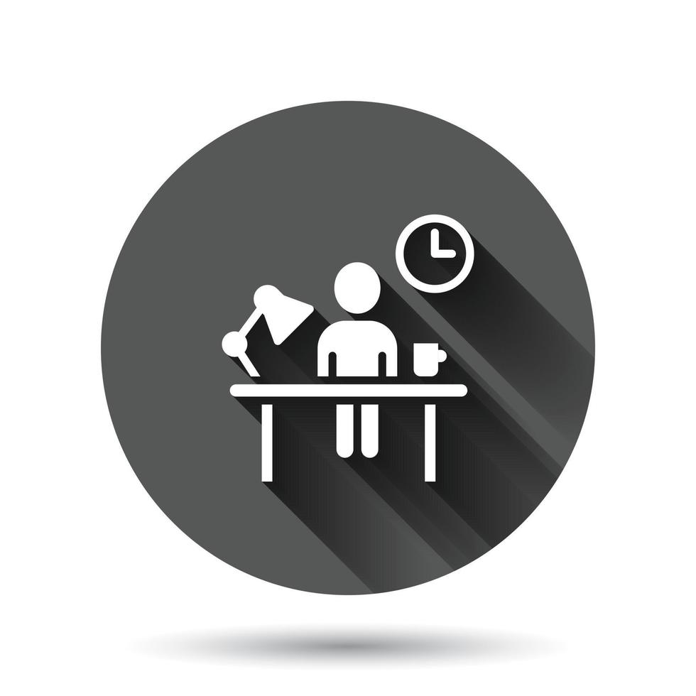 People with table lamp and clock icon in flat style. Coworking space vector illustration on black round background with long shadow effect. Freelancer workplace circle button business concept.