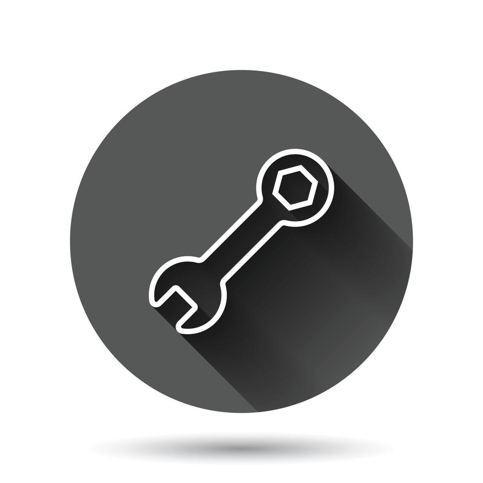 Wrench icon in flat style. Spanner key vector illustration on black round background with long shadow effect. Repair equipment circle button business concept.