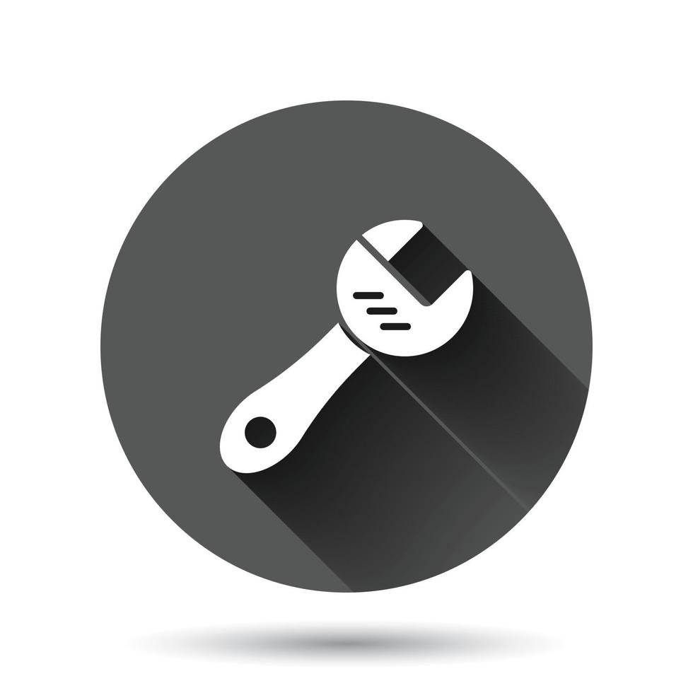 Wrench icon in flat style. Spanner key vector illustration on black round background with long shadow effect. Repair equipment circle button business concept.