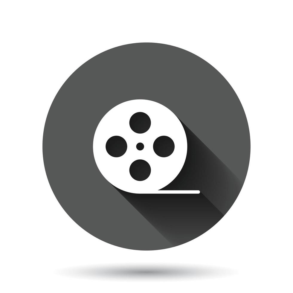 Film icon in flat style. Movie vector illustration on black round background with long shadow effect. Video circle button business concept.