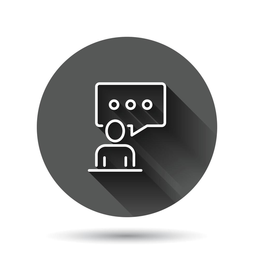 People with speech bubble icon in flat style. Chat vector illustration on black round background with long shadow effect. Speaker dialog circle button business concept.