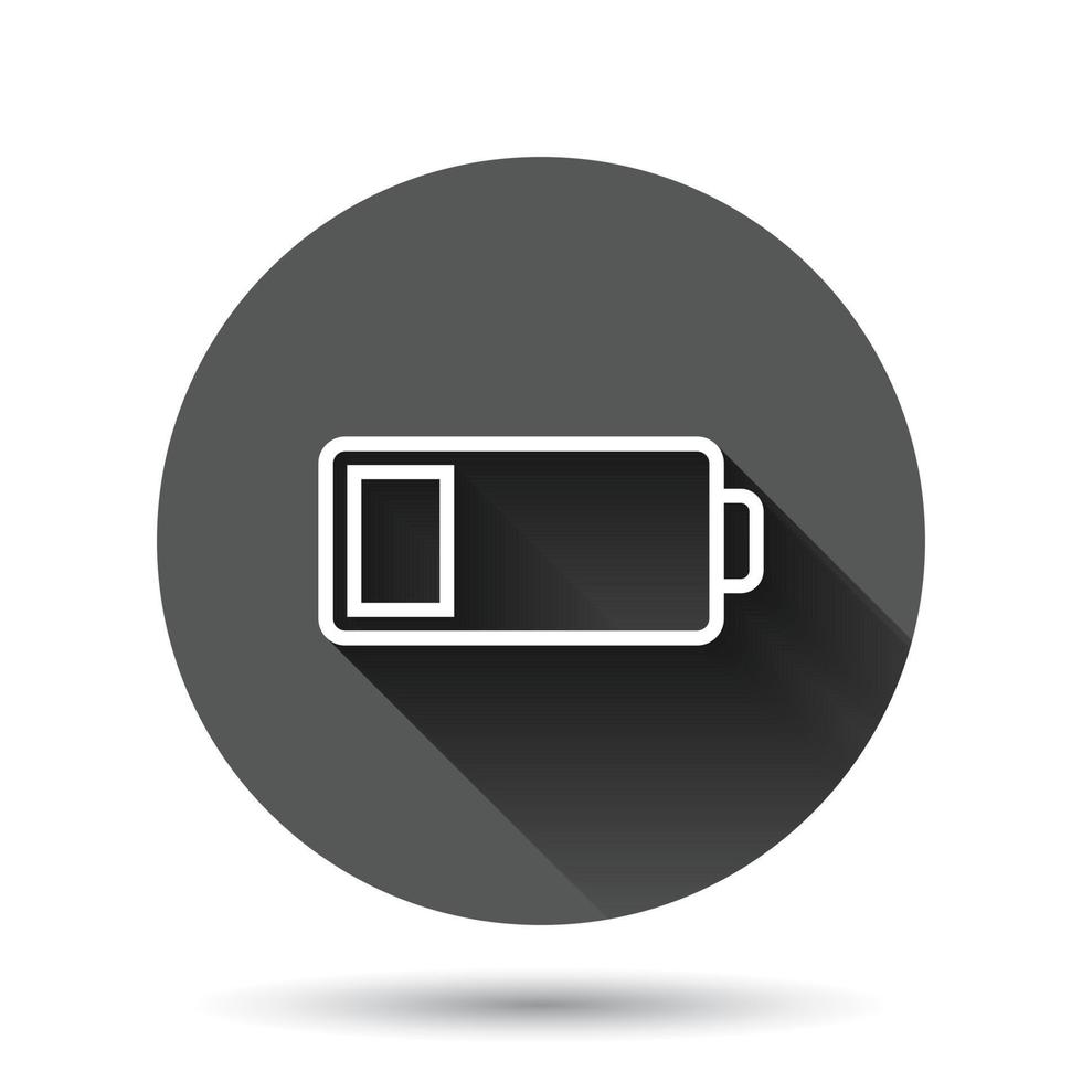 Battery charge icon in flat style. Power level vector illustration on black round background with long shadow effect. Lithium accumulator circle button business concept.