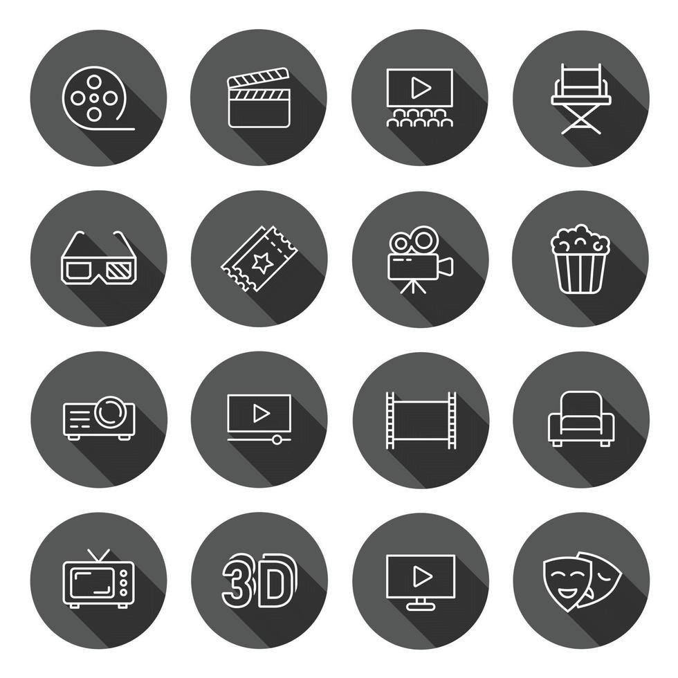 Cinema line icon in flat style. Entertainment set vector illustration on black round background with long shadow effect. Movie media circle button business concept.