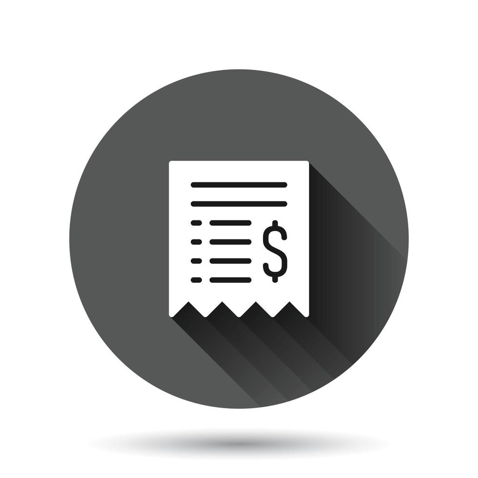 Money check icon in flat style. Checkbook vector illustration on black round background with long shadow effect. Finance voucher circle button business concept.