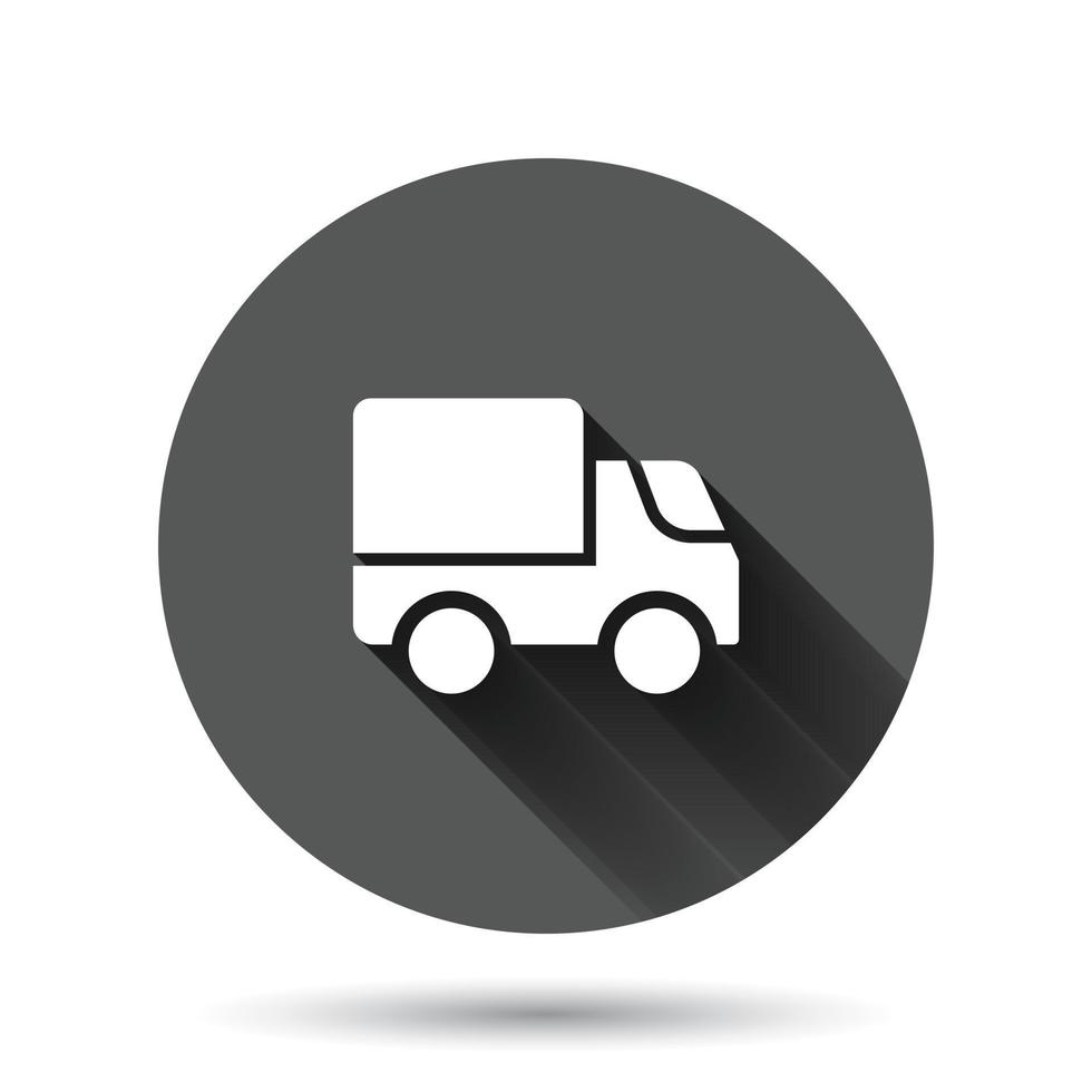 icono de camión de reparto en estilo plano. Ilustración de vector de furgoneta sobre fondo redondo negro con efecto de sombra larga. concepto de negocio de botón de círculo de coche de carga.
