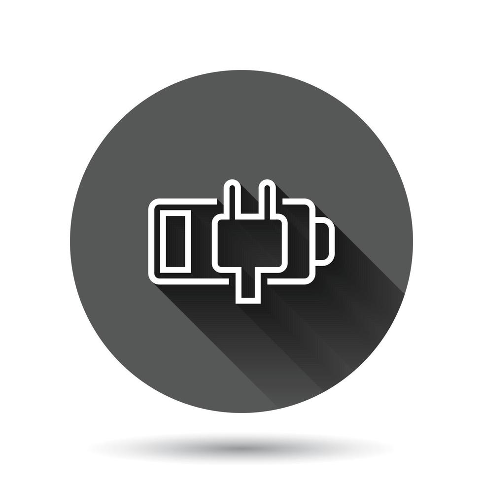 Battery charge icon in flat style. Power level vector illustration on black round background with long shadow effect. Lithium accumulator circle button business concept.