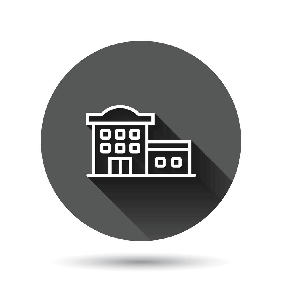 Building icon in flat style. Town skyscraper apartment vector illustration on black round background with long shadow effect. City tower circle button business concept.