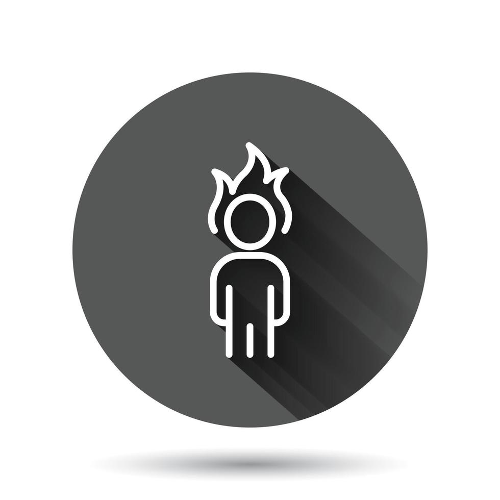 People with flame head icon in flat style. Stress expression vector illustration on black round background with long shadow effect. Health problem circle button business concept.