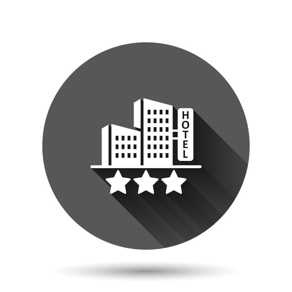 Hotel 3 stars sign icon in flat style. Inn building vector illustration on black round background with long shadow effect. Hostel room circle button business concept.