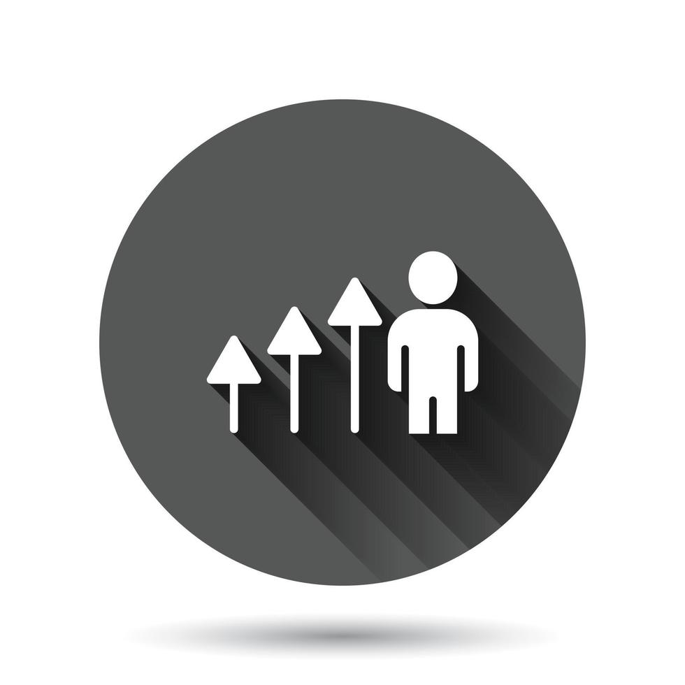 People with growth arrow icon in flat style. Work strategy vector illustration on black round background with long shadow effect. Office training circle button business concept.
