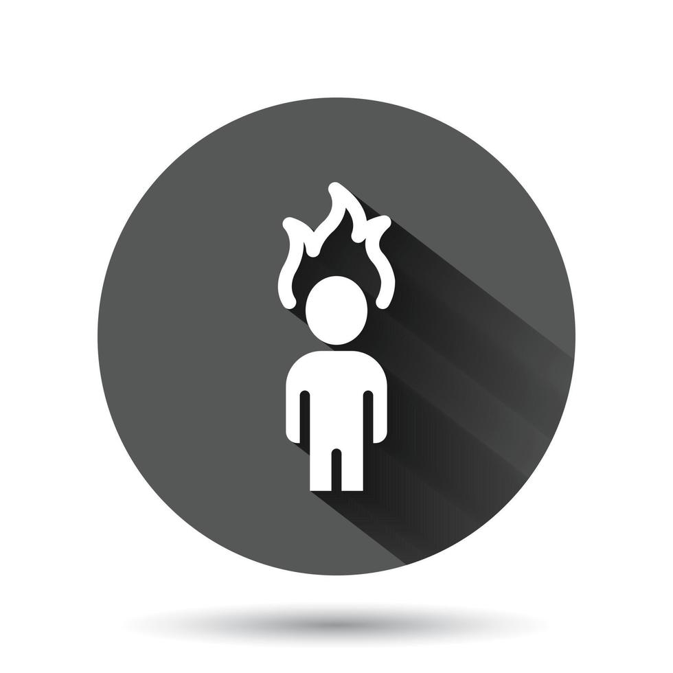 People with flame head icon in flat style. Stress expression vector illustration on black round background with long shadow effect. Health problem circle button business concept.